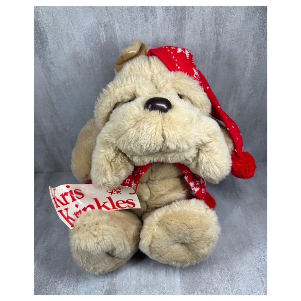 Vintage 1984 Commonwealth Kris Krinkles Holiday Dog Plush Tan Christmas Bulldog